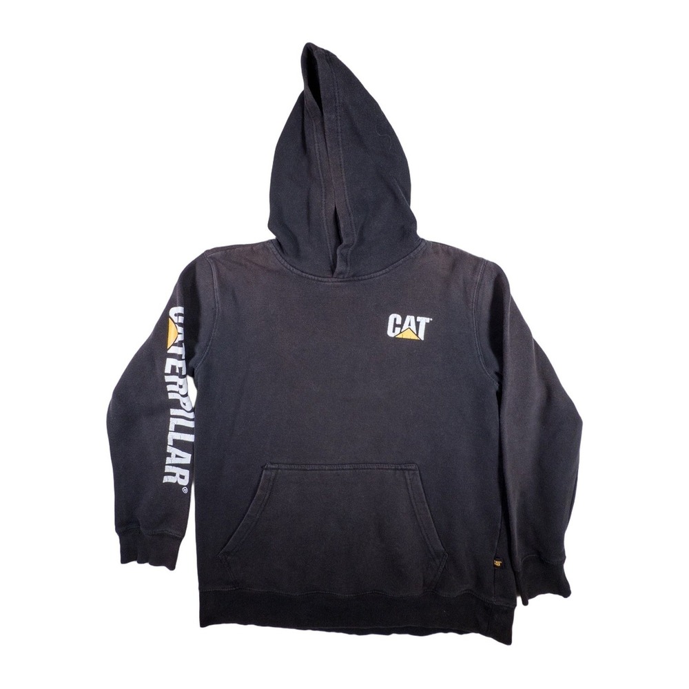 CAT Caterpillar Black Hoodie Sweatshirt Trademark Banner Pullover XL 18-20